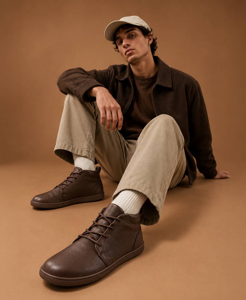 Herren Barfußschuhe Be Lenka - Model sitzend im Herbst-Outfit